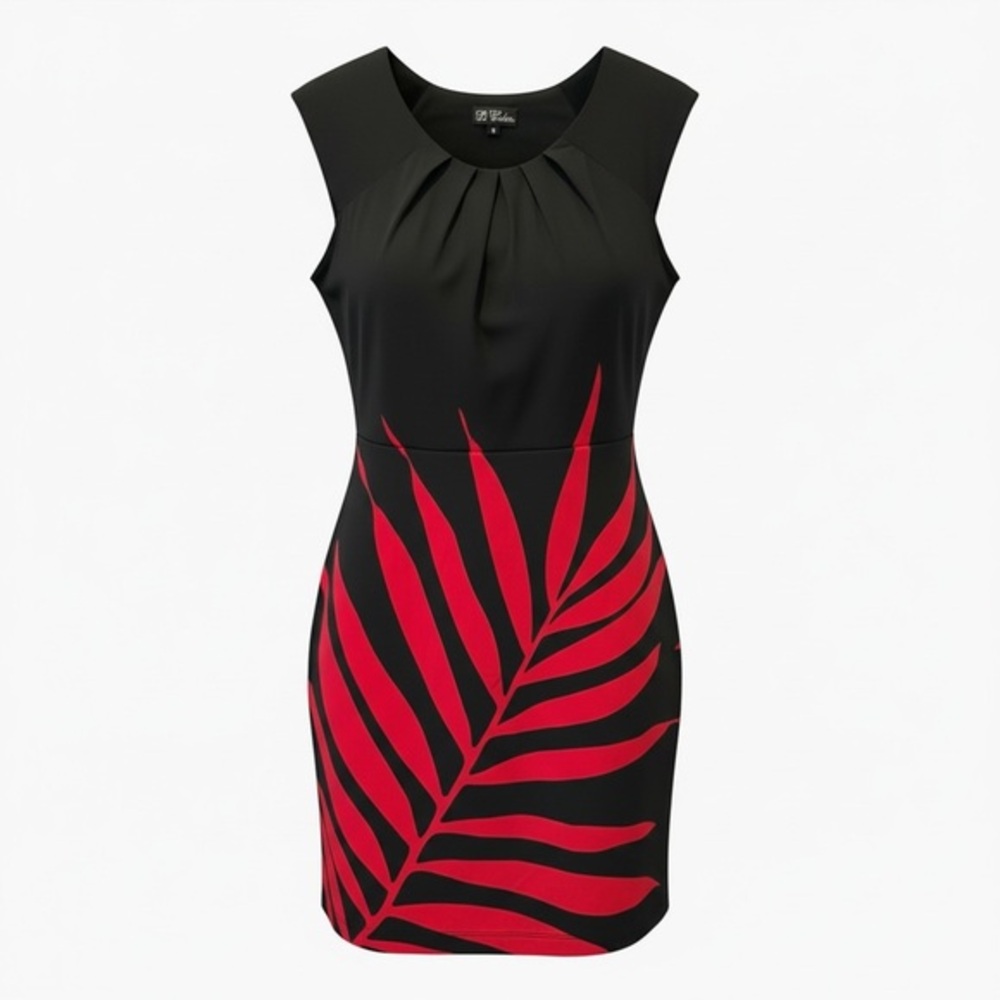 Be Calm Black & Red Palm Print Sheath Dress – Size 10